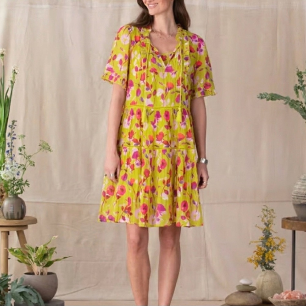 Sundance Floral Tiered Dress Size L Boho Prairie Hippie Tassels Yellow Pink